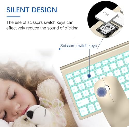 Wireless Backlit Keyboard and Mouse Ultra Slim Combo, TopMate - Gold White