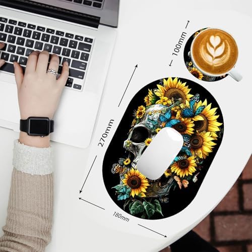 Small Mouse pad, Portable, Waterproof Non-Slip Rubber Bottom, Suitable for Wireless Mouse, Laptop Keyboard Tray for Both Men and Women, Office Travel 7.1x10.6in，Floral Skull with Butterflies