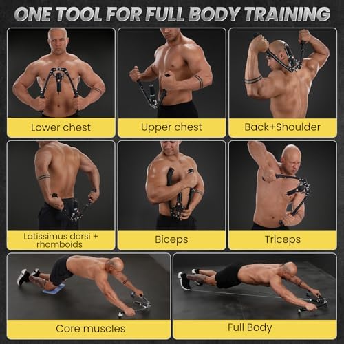 Twister Arm Trainer, 3 in 1 Hydraulic Power Chest Workout Equipment with Ab Roller Wheels and Hooks, Adjustable 22-440lbs Arm Trainer for Men Women, Home Gym Equipment for Full Body Strength Training