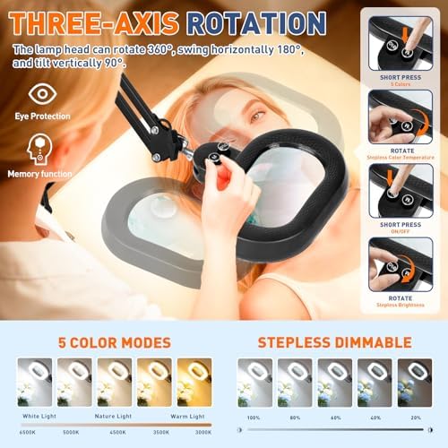 KIRKAS Magnifying Glass with Light 3-axis Rotation, 35in Long Arm 12X 30X