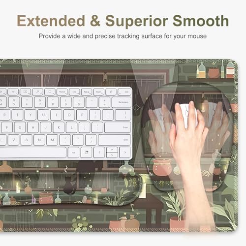Aesthetics Large Mouse Pad with Wrist Support 4 in1 Set, XXL Big Game Mousepad + Keyboard Wrist Rest + Mouse Wrist Rest Pad +Coaster Gaming Mat for Home Office Computer I Green Plants and Black Cat