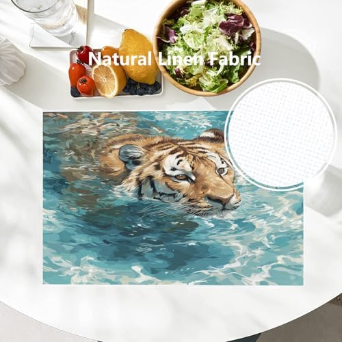 Batmerry Cute Tiger in Water Blue Linen Placemats Set of 4, Swimming Washable Table Mats for Kitchen Table Thickened Heat Insulation Dining Set Indoor Outdoor 12X18 in