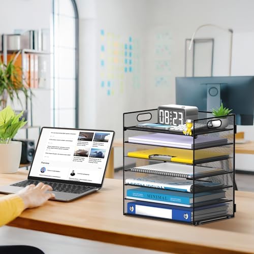 7 Tier Paper Organizer for Desk with Letter Trays & Handle Black