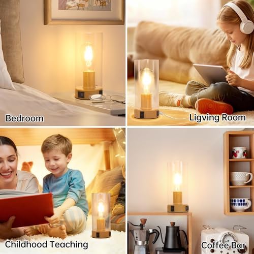 Touch Control Bedside Lamp with Charging Station，Wood Metal Small Lamp