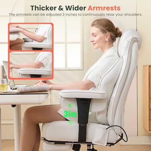 CIOMAN 500lbs Big and Tall Office Chair Adjustable Lumbar Support, Extra Wide Seat Ergonomic Gaming Chair with Footrest, Heavy Duty High Back Executive Leather Computer Desk Chair, White