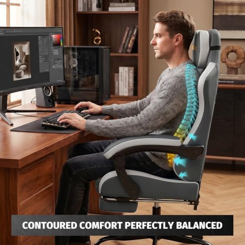 Honeycomb Embossed Gaming Chair with Footrest & Massage Lumbar Support, Adjustable Ergonomic Office Chair for Adults, 300 lbs (Grey White)