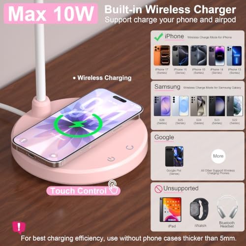 Pink Desk Lamp, Cute Desk Lamp for Girls, Wireless Charger, Dorm