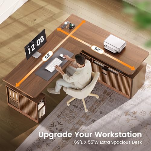 SEDETA Fluted L Shaped Executive Electric Standing Desk with 4 Drawers