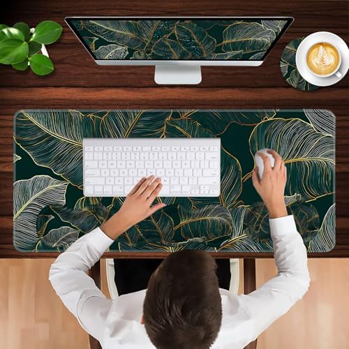 Keyboard Wrist Rest and Mouse Pad with Wrist Support Set Ergonomic Coaster,Memory Foam,Easy Typing Pain Relief,Large XL Desk Mat 31.5"x 11.8",Tropical Leaves