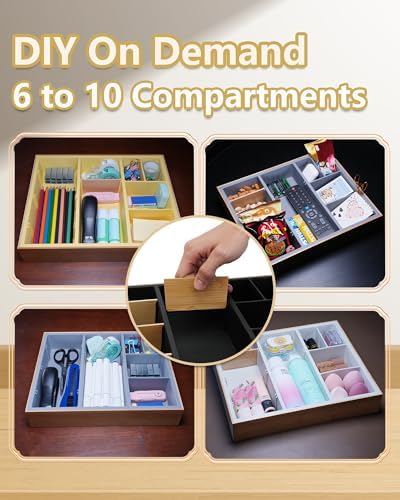 Office Drawer Organizer, Bamboo Desk Drawer Organizer with 4 Removable Dividers, Desk Organizers and Accessories with 10 Adjustable Compartments for Office Home Gray
