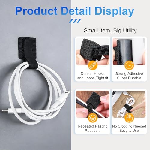 80 PCS Hook and Loop Cable Ties, Self Adhesive Cable Management Strap