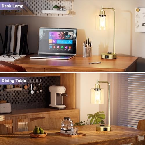 Innqoo Industrial Gold Table Lamp for Bedrooms Set of 2-3-Way Dimmable Desk Lamp with USB C+A Ports and Outlet, Gold Lamps with Clear Glass Shade for Living Room, Desk Lamps for Home Office