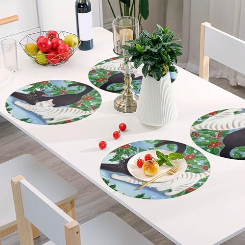Round Placemats Cat Stretching Non-Slip Stain Heat Resistant Place Mats Washable Table Mats for Kitchen Dining Table Decor, Easy to Clean, Set of 6