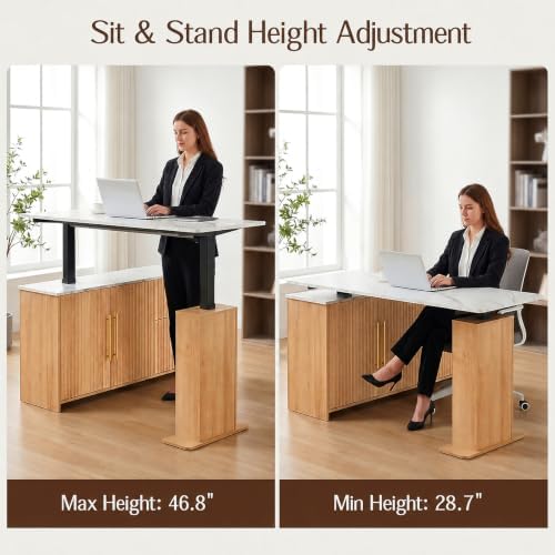 NORTHSKY 55" L-Shaped Electric Standing Desk with Drawers and Storage Cabinet, Height Adjustable Corner Desk for Home Office, 3 Memory Presets, Natural Oak & White Marble