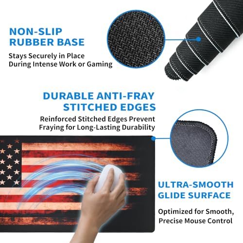 Extended American Flag Desk Mat, XXL Large Gaming Mouse Pad, Vintage Retro Style Stitched Edges Waterproof with Non-Slip Rubber Base for Computer Keyboard Laptop Work Home Office 35.4"x15.7"