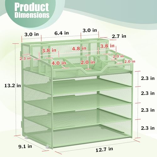 Docnest 5 Tier Mesh Desk Organizer with Letter Tray & Paper Sorter, Green