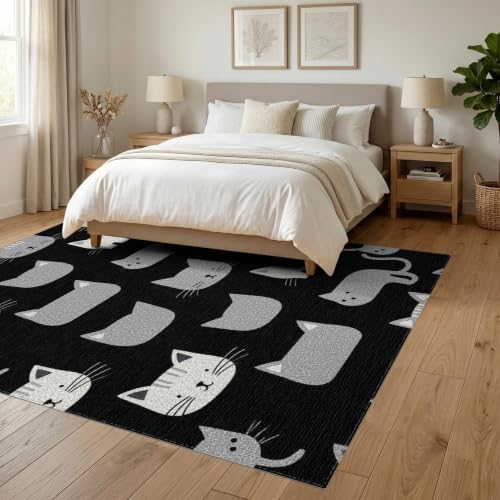 6'x9' Midnight Black Cat with Silver Accents Washable Area Rug