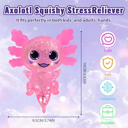 Axolotl Squishy Toy Squeeze Stress Relief Fidget Sensory Toy for Kids Adults, Cute Handheld Stress Ball for Anxiety and Focus, Purple Big Ears(Pink)