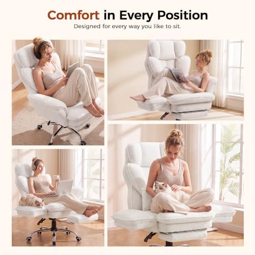 GTPLAYER Big and Tall Office Chair Flip Armrests Criss Cross Desk Chair with Pocket Spring Cushion & Ergonomic Lumbar Support for Lower Back Pain Relief Wide Seat Comfy Teddy Fleece,White