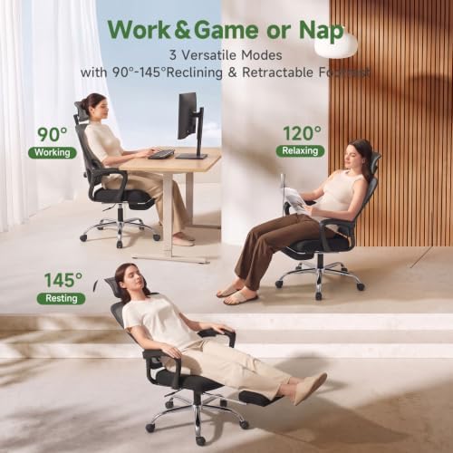 Ergonomic Office Chair with Footrest, 90-145° Reclining Desk Chair