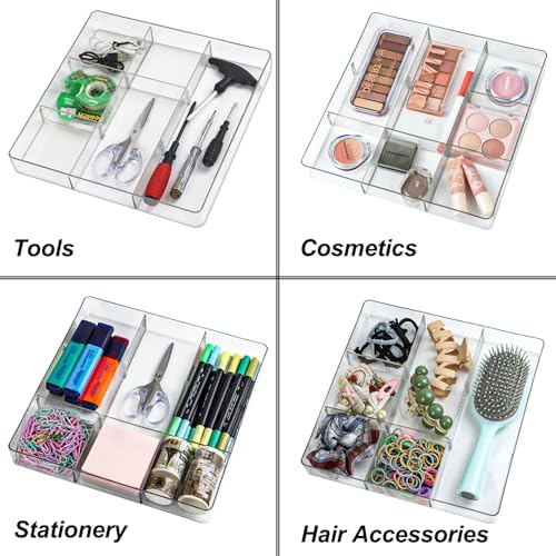 ZEXALOR Adjustable Clear Drawer Organizer, Plastic Drawer Divider Tray with Removable 9 Sections for Desk,Bathroom,Office,Makeup,Junk