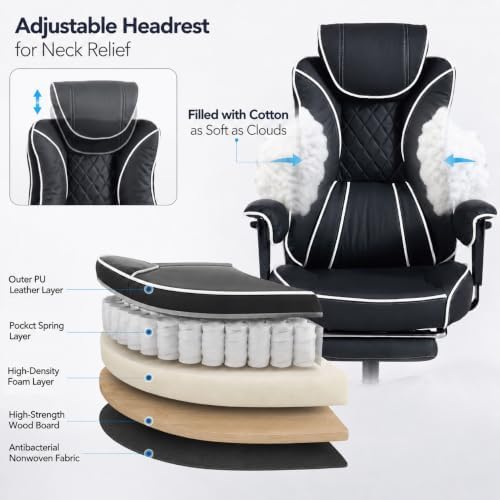 DJ·Wang Big and Tall Office Chair 400lbs, Executive Office Chair with Foot Rest Black PU Leather