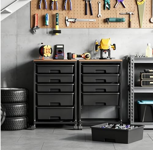 SYKIARIOL 5-Tier Rolling Cart with Drawers with Wooden Top, Black