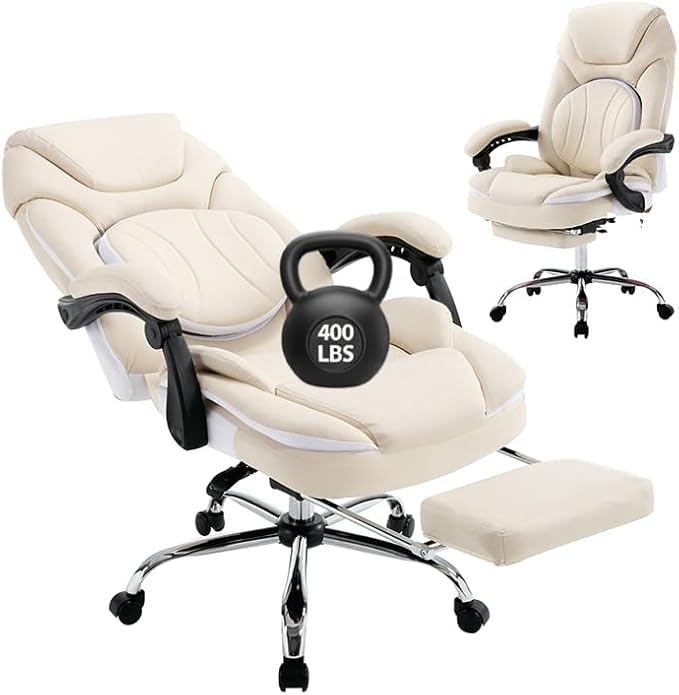 Comfortable Office Desk Chair with Foot Leg Rest, PU Leather Ergonomic Reclining Office Chair with Footrest Back Lumbar Support, Beige