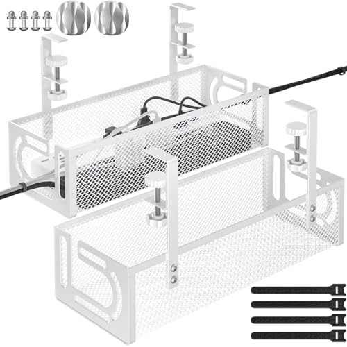 Under Desk Cable Management Tray, 15.7'' No Drill Steel Desk Cable Organizers, Wire Management Tray Cable Management Rack (2 Packs-White)