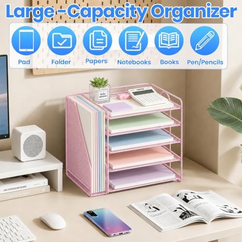 OPNICE Desk Organizer, 5-Tier Paper Organizer Letter Tray, Pink