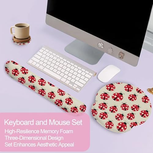 Cute Ladybug Mouse Pad with Wrist Rest Set, 3-in-1 Wrist Support Mousepad Set, Gaming Mat Pad with Anti-Skid Base,Ergonomic Memory Foam Mouse Pad Set for Women, Office, Typing, Gaming