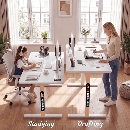 Grandder 55x32 Large Electric Standing Desk, Height Adjustable Computer Desk with 2 Memory Presets, 31.5" Deep Desktop Sit Stand Desk Home Office Desk Workstation Table with Hooks, White