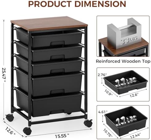 SYKIARIOL 5-Tier Rolling Cart with Drawers with Wooden Top, Black