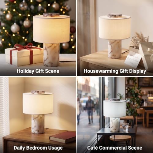 Ivory‑White with Veins Natural Marble Touch Table Lamp 3 Color Temperatures & Stepless Dimmable Bedside Lamp，Nightstand Desk Lamp for Bedroom Living Room Office Decor Gift，H 9.84Inch