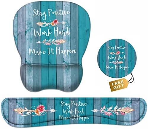 Mouse Pad Wrist Support and Keyboard Wrist Rest Set with Coasters, Stay Positive Work Hard and Make It Happen Inspirational Quote Non-Slip PU Base Ergonomic Mousepad for Home Office Working Studying