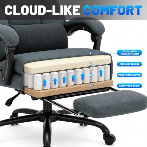 600LBS Executive Office Chair with FootRest for Heavy People High Back Ergonomic Gaming Chair with Lumbar Support Reclining Home Office Desk Chair with Pocket Spring Cushion Fabric (Gray)