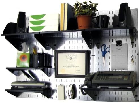 Wall Control Office Organizer Unit Wall Mounted Office Desk Storage and Organization Kit Metallic Slotted Wallboards and Black Accessories