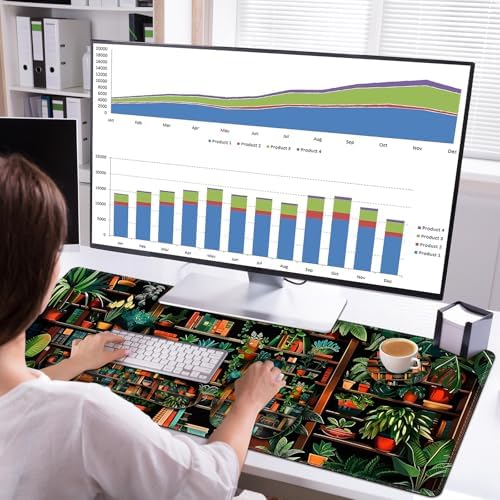 Mouse Pad with Wrist Support 4 in1 Set, XXL Big Game Mousepad + Keyboard Wrist Rest + Mouse Wrist Rest Pad +Coaster Gaming Mat for Home Office Work Computer Laptop PC I Green Vine Book Forest