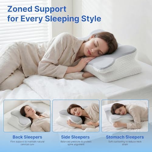 Cervical Pillow for Neck Pain Relief, Orthopedic Memory Foam Pillow with Cooling Cover, Contour Ergonomic Support for Side Back Stomach Sleepers (Grey)