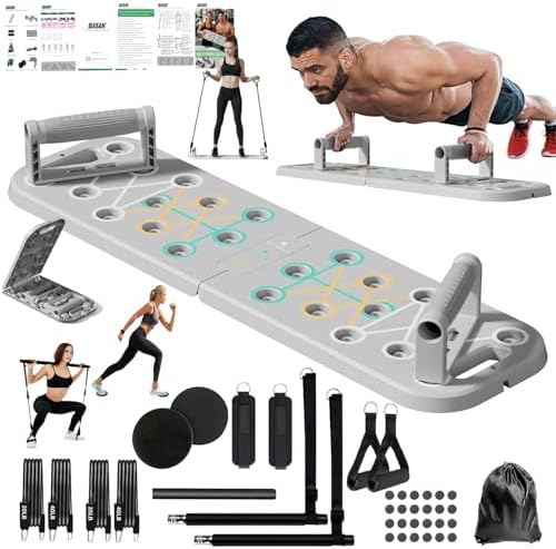 Basan Push Up Board with Resistance Bands – Foldable Portable Home Gym Equipment for Full Body Workout, Strength Training for Men & Women