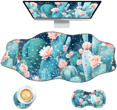Mouse Pad with Wrist Support + Desk Mat + Coaster 3 in 1 Set, XXL Large Gaming Mousepad Ergonomic Mouse Pads for Desk Computer Laptop Office,Cute Cactus
