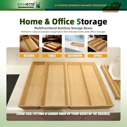 BAMOTTO CRAFTBAMBOO Large Long V-Shaped Bamboo Drawer Organizer Set of 3
