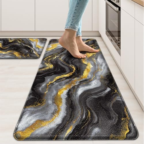 Tyrot Gold Black Kitchen Mats for Floor 2 Pcs 17.3"X28"+17.3"X47"