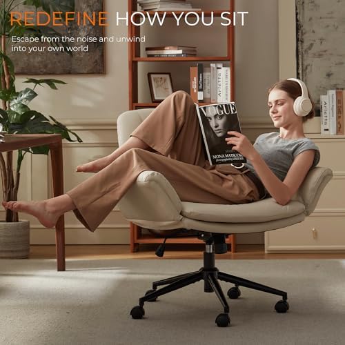 Dowinx Criss Cross Chair with Five-Level Adjustable Arms and Wheels - Comfortable Ergonomic PU Leather Swivel Vanity Chair - Computer Makeup Gaming Chair for Home Office, Bedroom, Vanity Room (Cream)