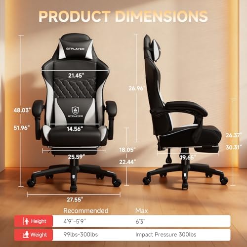 GTPLAYER Gaming Chair, High Back Leather Computer Gaming Chair with Footrest, Ergonomic Height Adjustable Office Chair with Removable Cover and Lumbar Support for Gaming & Work,White