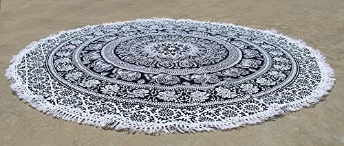 Round Beach Tapestry Turquoise Mandala Throw/Boho Hippie Beach Blanket Roundie/Indian Cotton Bohemian Large Round Table Cloth-Home Decor/Yoga Mat Meditation Picnic Rug (42", Black And WHite)