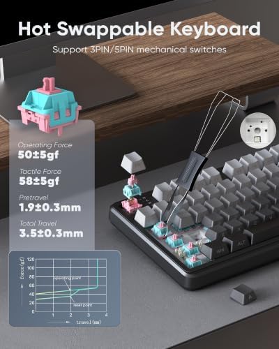 RedThunder K95 S Wireless Mechanical Gaming Keyboard, Hot Swappable Creamy Keyboard with Knob, RGB Backlit, Pre-lubed Linear Switches, Side Engraved PBT Keycaps, Wireless/Wired/BT5.0, Gradient Gray