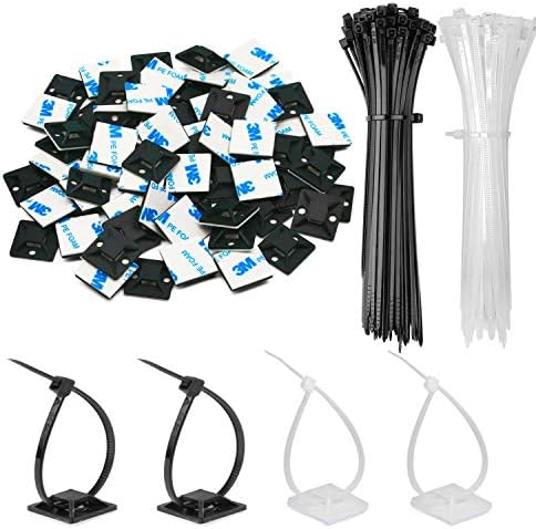 30 Pack 2 inch Zip Tie Adhesive Mounts Self Adhesive Cable Tie Base Holders with Multi-Purpose Tie wire clips with screw hole,Anchor stick on wire holder with 8 inch zip ties （Black&White）