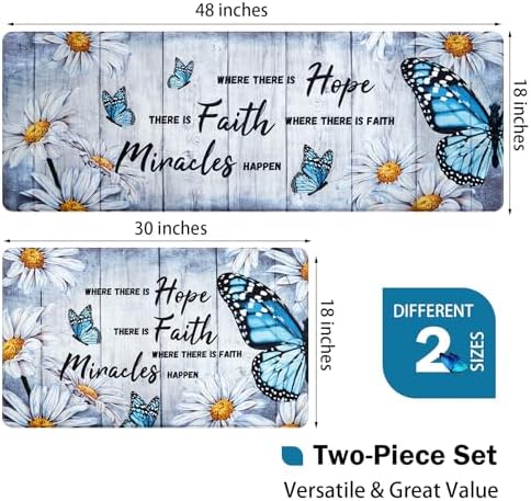 Likiyol Butterfly Floral Kitchen Rugs 2 Piece Farmhouse Kitchen Mats Cushioned Anti Fatigue, Non Slip Washable Kitchen Mats for Floor White Daisy Comfort Mat for Home Sink, 18'' x 30'' + 18'' x 48''