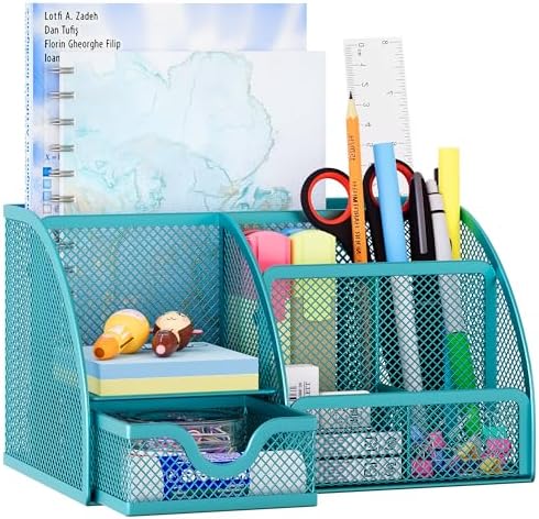 EasyPAG Mesh Desk Organizer with Drawer Multi-functional Pen Holder Stationery Organizer for Office School Supplies 6 Compartments Dorm Organizers and Storage for Desk, Blue